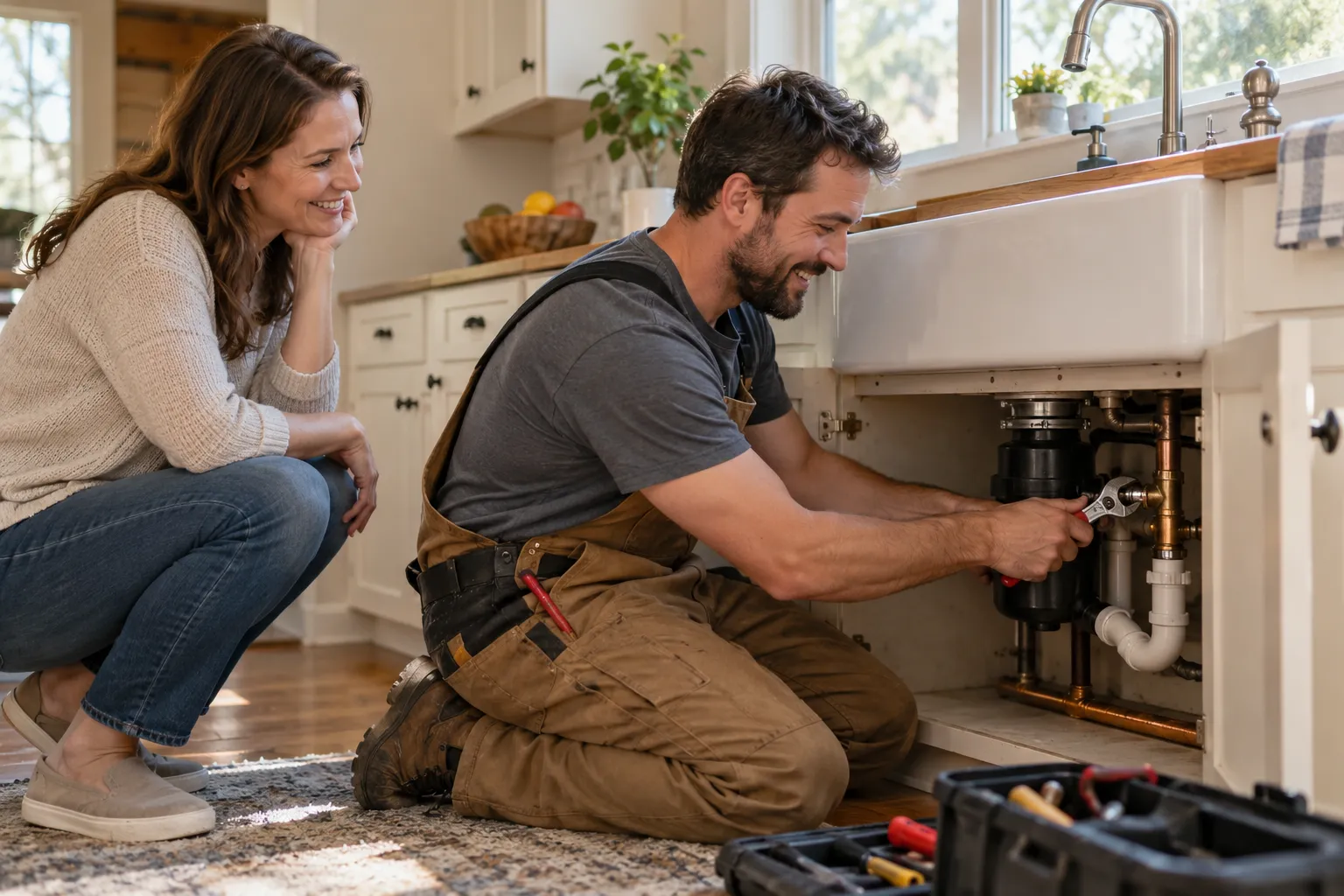 Friendly independent plumber checking a pipe under a kitchen sink in a Houston home