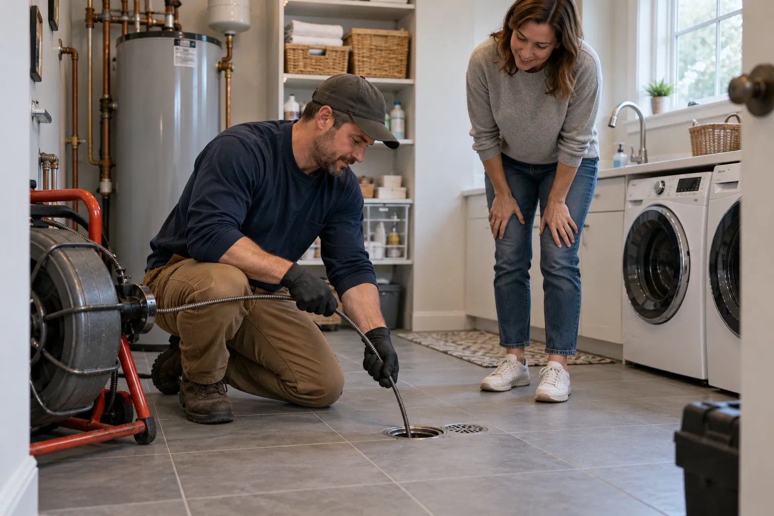 Provider checking a clogged drain with a drain machine in a Houston home
